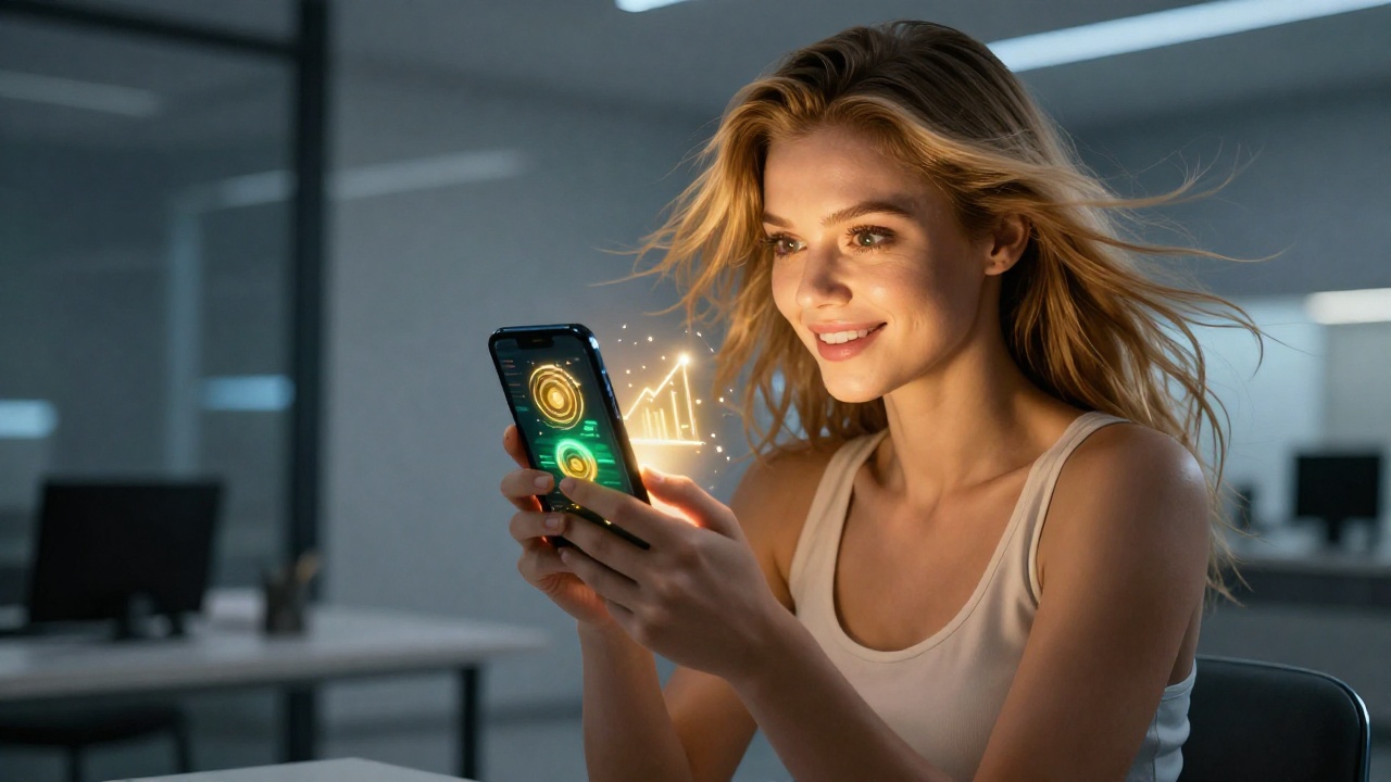 Привлекательная женщина со смартфоном и яркими бонусными предложениями на экране, символизирующая получение бонусов Фонбет