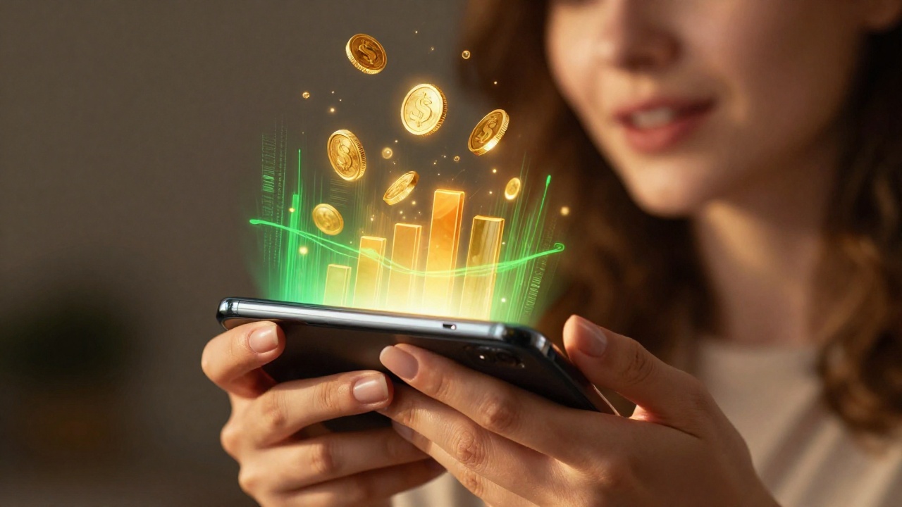 Макросъемка рук со смартфоном, на экране которого светятся золотые бонусные монеты и динамические графики